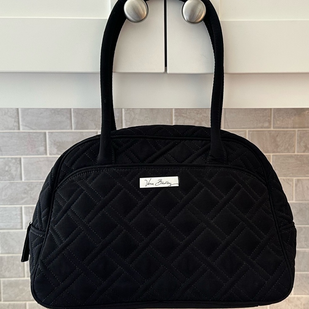 Vera Bradley Solid Quilted Medium Zipper Black Bowler Bag Satchel